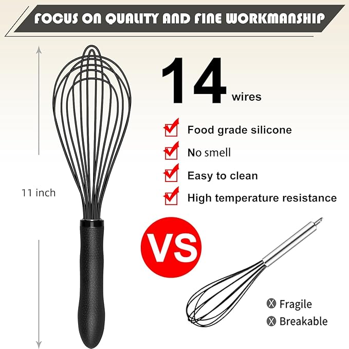 TEEVEA Silicone Whisk 11 Inch, Nonstick Heat Resistant for Cooking Baking