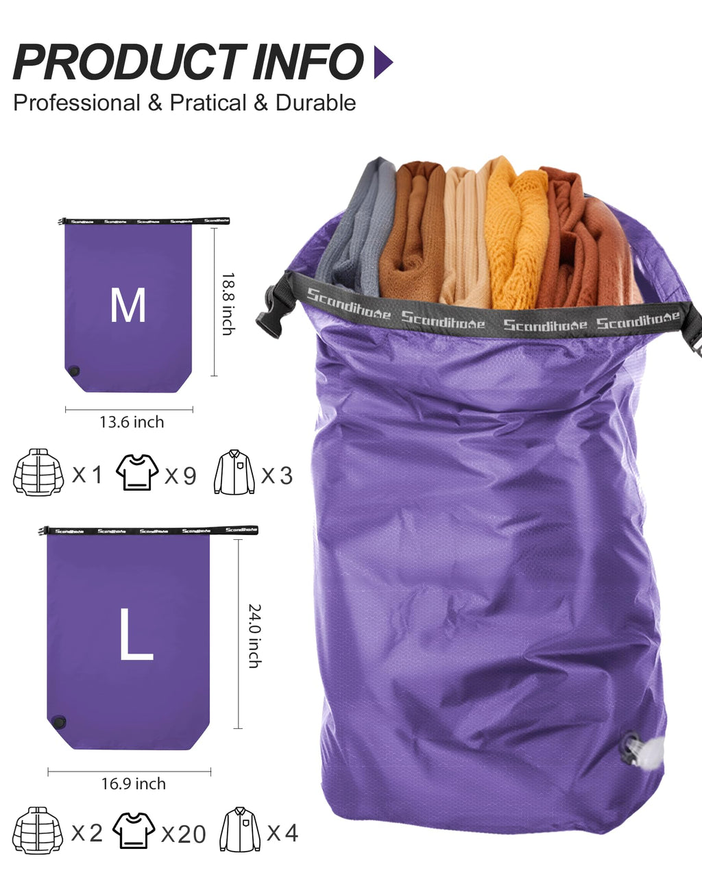Compression Travel Laundry Bag for Dirty Clothes, Pump-Free Laundry Bag for Suitcase & Dorm, Waterproof Wet Dry Clothes Organizer, Large Capacity Space Saving Travel Bag (1 Pcs)(Purple, M)