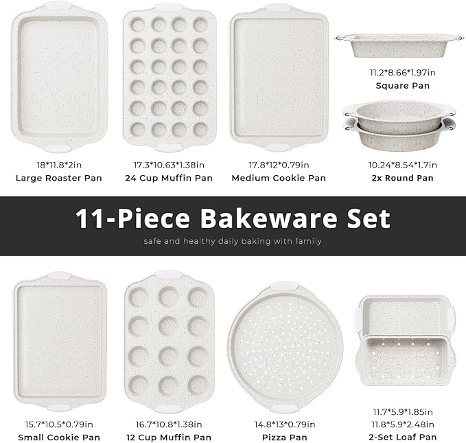 11-Piece Kitchen Nonstick Stackable Bakeware Set, Baking Pans Set, White