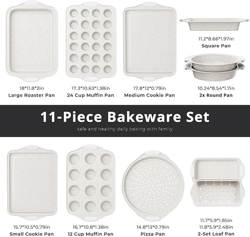 11-Piece Kitchen Nonstick Stackable Bakeware Set, Baking Pans Set, White