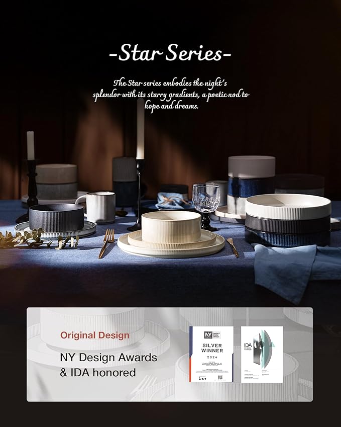famiware Star 8.25" Pasta Bowls Set of 6, Bowl Plates, Nebulas Blue