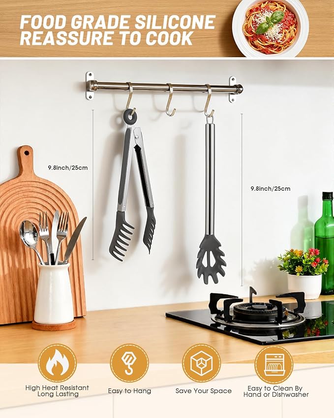 Spaghetti Spoon and Pasta Tong with Teeth and Drain Holes, 2-Piece Non-Stick Silicone Spoon Server Fork with Stainless Steel Handle, Kitchen Tong for Cooking, Serving, Salad and Noodles, Grey