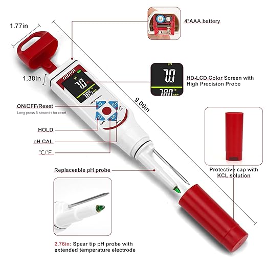 GIDIGI Food pH Meter with ATC, Spear Probe for Sourdough & Meat