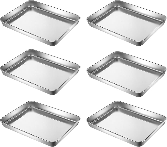 HYTK Small Cookie Baking Sheet Pans Stainless Steel 304 Little Tiny Serving Tray 10.4 x8.1 x1.1Inch (Diagonal 12.3) Reheat Food Small Items No Rust Dishwasher Safe for 2 Person 6 Pack