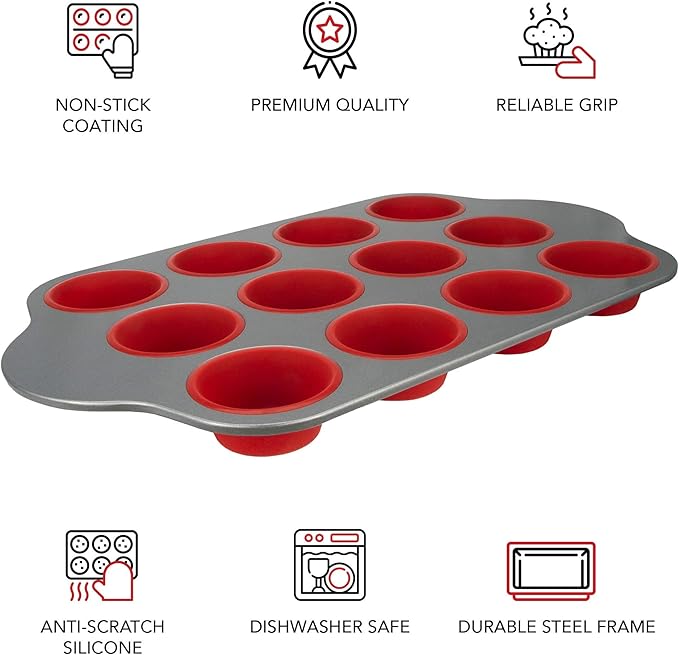 Boxiki Kitchen Non-Stick 12 Cup Silicone Muffin Pan with Steel Frame - BPA Free, Non-Toxic, Anti-Warp, Durable & Easy to Pop Silicone Muffin Tin - Perfect Cupcake Pan