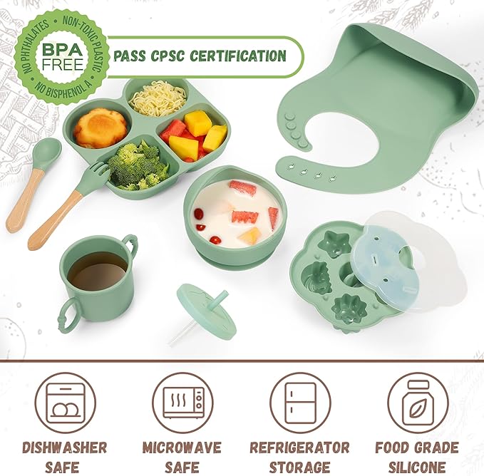 MIICASA Silicone Baby Feeding Set, Baby Led Weaning Supplies, Baby Food Tableware Silicone Suction Plate, Bowl, Spoons, Fork, Waterproof Bib, Cup & Complementary Food Cake Mold, Baby Eating Utensils