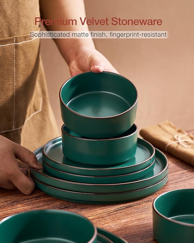 Famiware Nebula Ridge 12-Piece Stoneware Dinnerware Set, Dark Green
