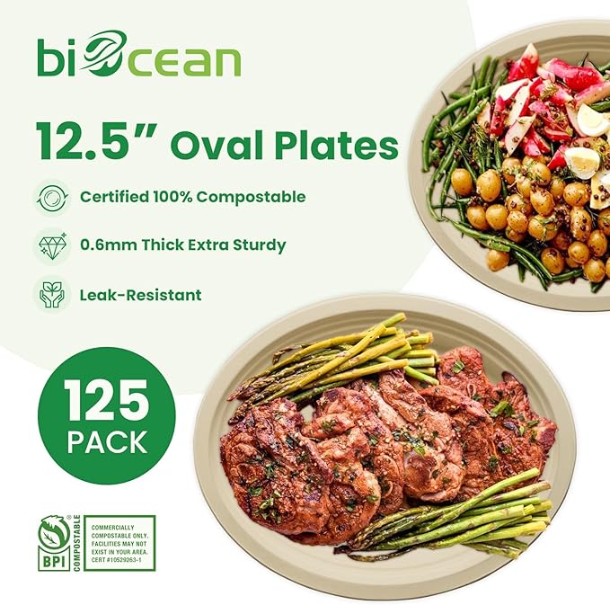 biocean 12.5 Inch Compostable Oval Plates [125-Value Pack] - Sustainable and Heavy-Duty Compostable Paper Plates, Natural Sugarcane Bagasse Biodegradable Plate, Natural Brown