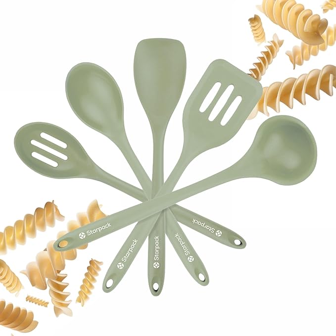 Starpack Stir and Serve Silicone Cooking Utensils Set (5-Piece, 11") - LFGB Non Toxic, 600°F Heat Resistant, BPA-Free - One-Piece Seamless, Dishwasher Safe - for Nonstick Cookware, Sage Green