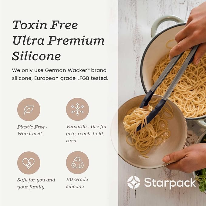 Starpack Get a Grip Silicone Kitchen Tongs (12 Inch) - LFGB Non Toxic, 600°F Heat Resistant, BPA-Free - Heavy-Duty Stainless Steel, Locking - Dishwasher Safe for Nonstick Cookware