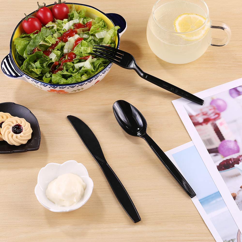 Laojbaba Plastic Spoons Disposable Individually Packaged Spoons Black 7-Inch Commercial Take Away,Super Hard Mass Heavy Individually Wrapped 100 PCS
