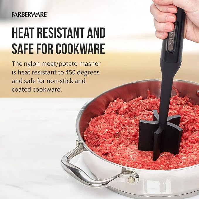 Farberware Meat Masher and Chopper Tool with 5 Beveled Blades - Ground Beef Chopper, Potato Masher, Batter Stirrer - Heat Resistant to 450 F, Dishwasher Safe