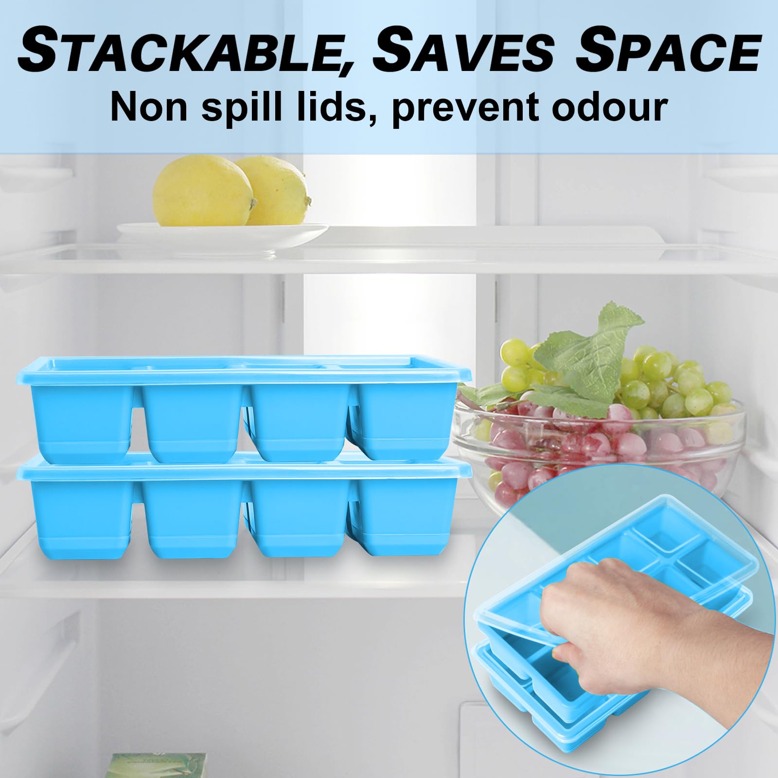 Large Ice Cube Trays with Lid, Jrisbo 2 Pack Stackable Silicone Ice Cube Molds for Freezer, Easy Release 16 Big Square Ice Trays for Whisky Cocktails (Pure Gray)