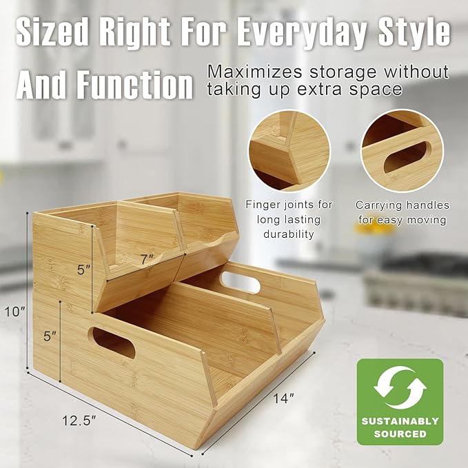 MinBoo Bamboo Stackable Pantry Storage Bins Potato and Onion Storage,Fruit Basket for Pantry Organization,Fruit Bowl for Kitchen Counter,Fruit and Vegetable Storage (Bamboo)
