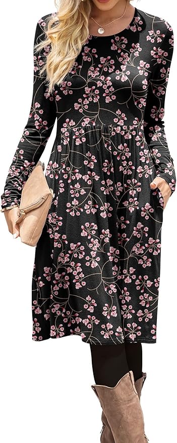 DB MOON Women Casual Long Sleeve Dresses Empire Waist Loose Dress with Pockets (Flower Gypsophila Black, L)