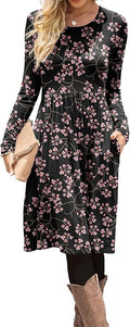DB MOON Women Casual Long Sleeve Dresses Empire Waist Loose Dress with Pockets (Flower Gypsophila Black, L)