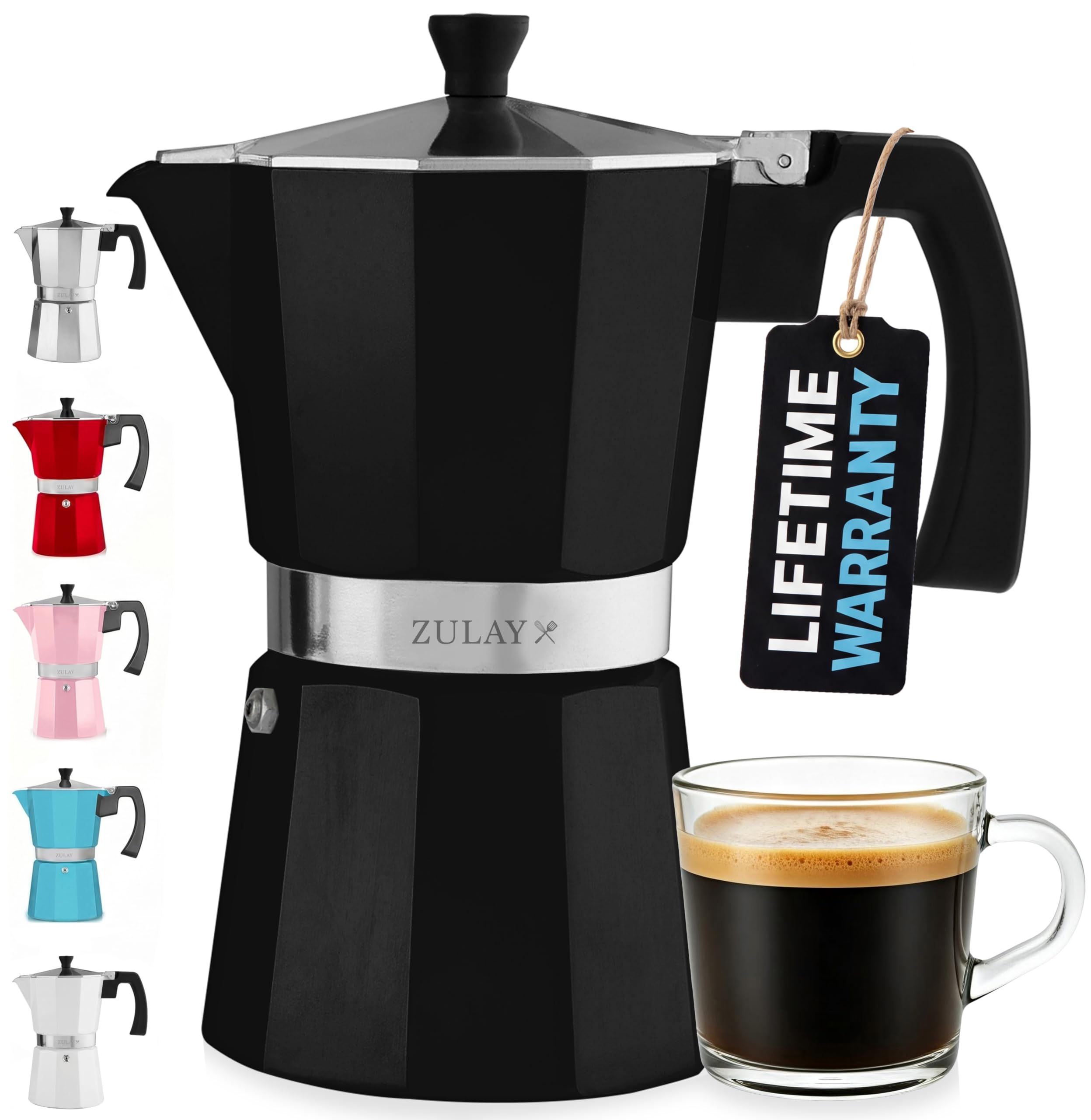 Zulay Moka Pot Espresso Stovetop Coffee Maker - Leak-Proof, Stainless Steel, Easy to Clean, Heat Resistant Handle & Knob - for Authentic Cuban & Italian Style Espresso - Makes 9 Espresso Cups - Black