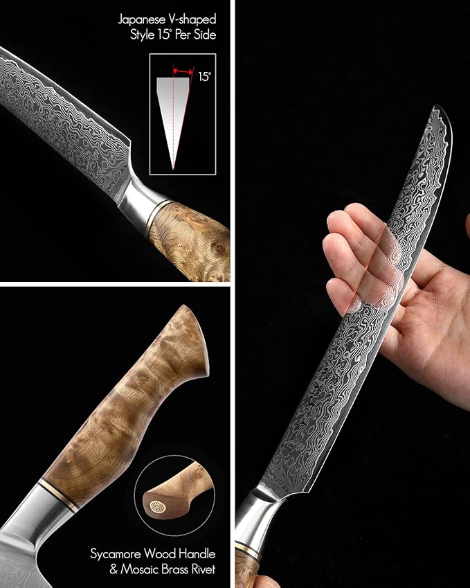 HEZHEN 10-Inch Slicing Knife with Granton Edge –67 Layers Damascus Steel, Professional Carving Knife for Brisket, Roast & BBQ, Figured Sycamore Handle