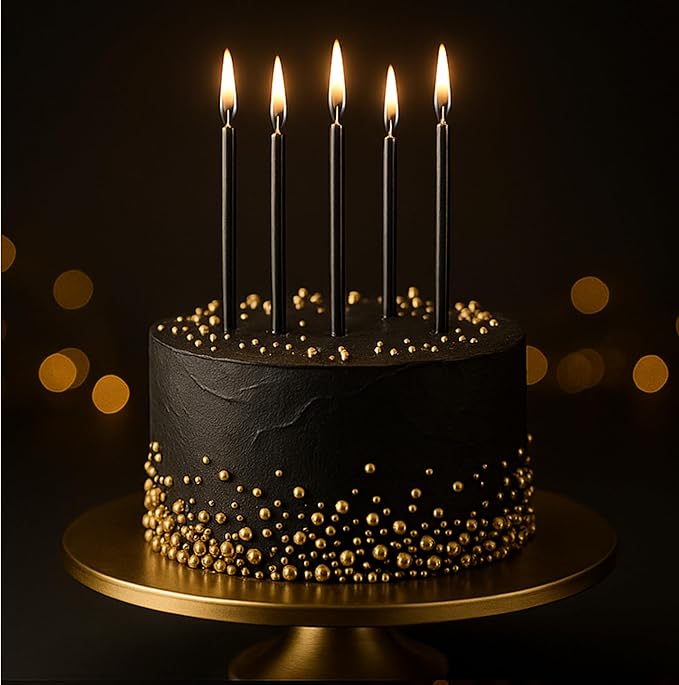 by Tugba Aydan - Black Birthday Candles, 24 Pack, Long Thin Metallic Cake Candles with Holders, Elegant Black Candles for Cakes, Cupcakes & Parties