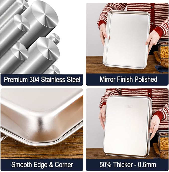 HYTK Small Cookie Baking Sheet Pans Stainless Steel 304 Little Tiny Serving Tray 10.4 x8.1 x1.1Inch (Diagonal 12.3) Reheat Food Small Items No Rust Dishwasher Safe for 2 Person 6 Pack