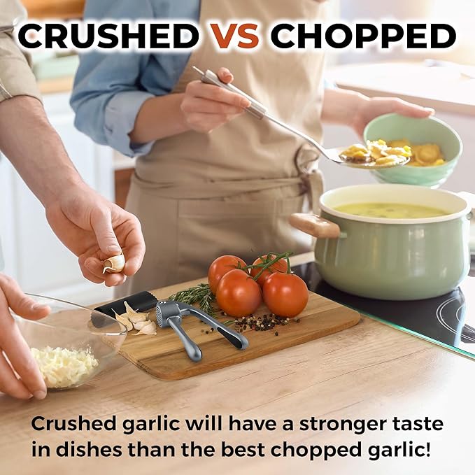 Zulay Kitchen Large Premium Garlic Press Set - Bigger Bowl for Bigger Garlic - Rust Proof Garlic Mincer Tool - Easy-Squeeze, Easy-Clean Silicone Garlic Peeler & Brush (Slate)