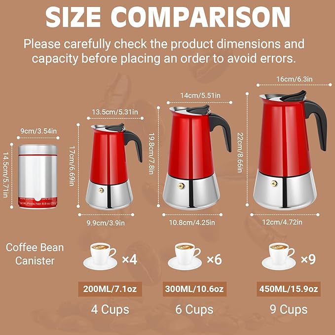 Suiitat 6 Cup Stainless Steel Moka Pot, 300ml Stovetop Espresso Maker, Red