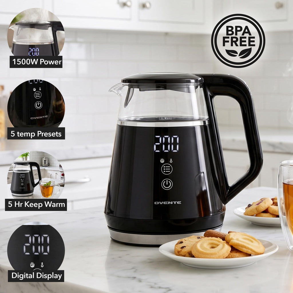 OVENTE 1L Electric Kettle with Temperature Control, 1500W, Black KD95B