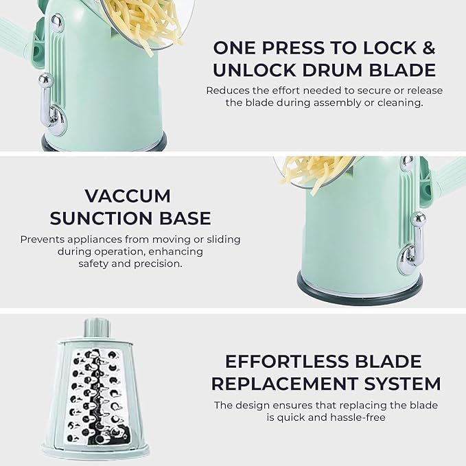Chef Power's 5 in 1 Rotatory Cheese Grater - Premium Quality Hand Cheese Grater With Handle - Food Chopper for Kitchen