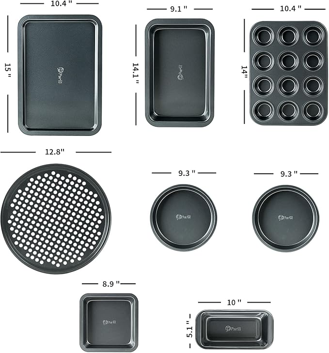 PERLLI Non-Stick 8-Piece Bakeware Set – Carbon Steel with Even Heat Distribution, Oven Safe to 446°F, BPA-Free, Dishwasher Safe, Stackable Baking Tools for Easy Storage and Everyday Cooking - Gray