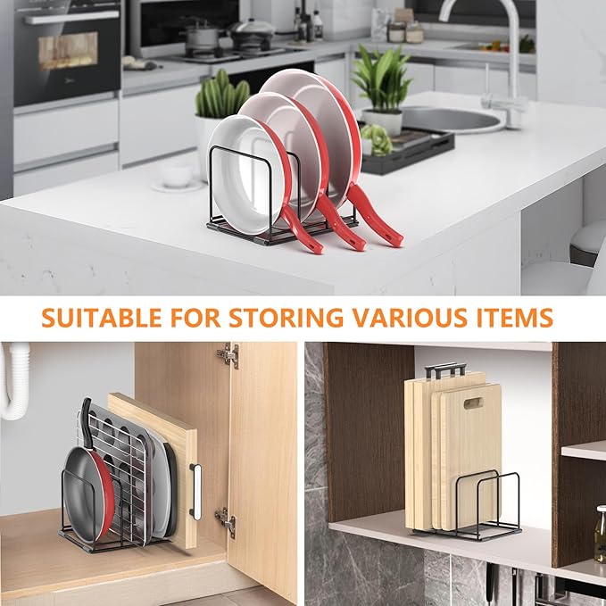 KORRTFID Kitchen Cabinet Organizer, 2PCS Steel Cookware Holder, Divided Holder with 3 Slots for Skillets Baking Tray and Chopping Board Rack - Pan Holder Storage (2.2 Inch Width Slots)