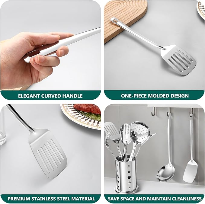Lazycorner Kitchen Utensils Set, 11pcs Stainless Steel Cooking Utensils Set with Holder – Includes Turners, Potato Masher, Spatula, Spoons, Pasta Server, Tongs, Soup Ladle, Serving Spoon
