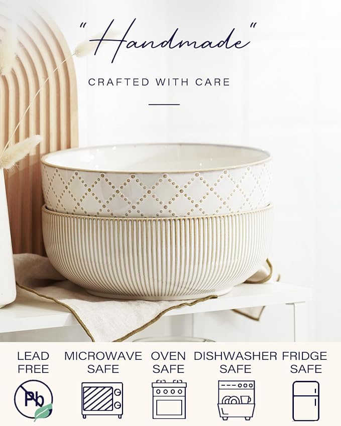 getstar Large Serving Bowls (9.5 inch & 92 fl oz), Ceramic Salad Bowl Set of 2, Microwave and Dishwasher Safe
