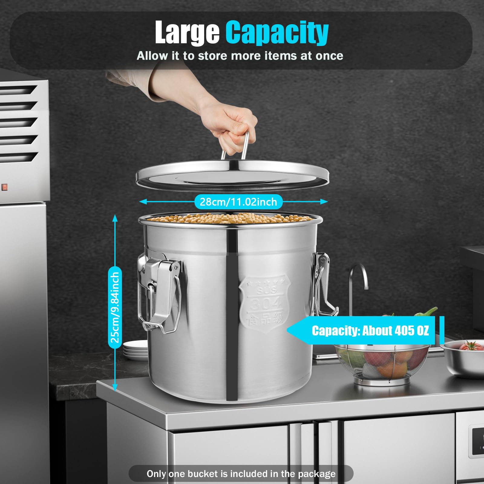 Beaccoss 304 Stainless Steel Airtight Canister for Kitchen, 3.2Gal/405oz Flour Container with Lids and Sturdy Locking Clamp, Metal Bucket Food Storage Containers for Rice Flour Coffee Bean Tea