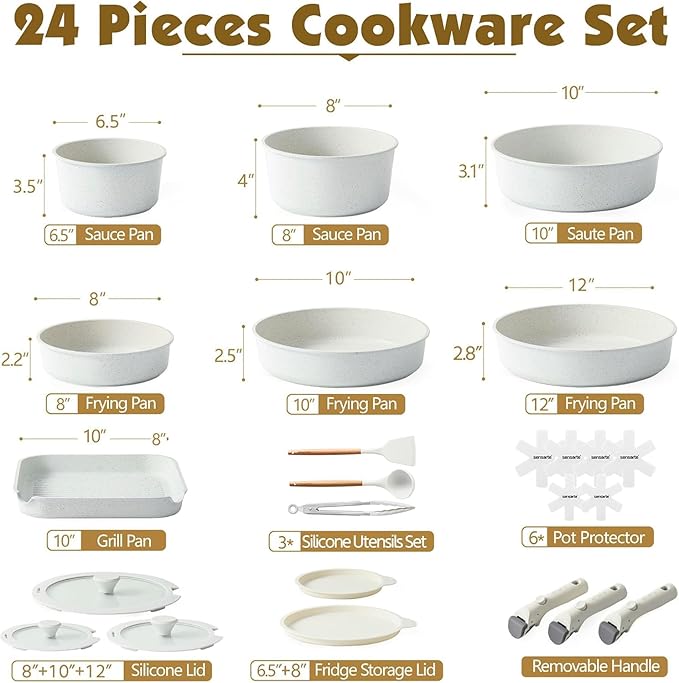SENSARTE 24 Piece Nonstick Detachable Handle Pots and Pans Set White