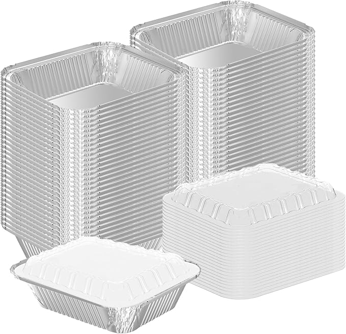 8.3"x6.2" 2.25LB Disposable Tin Foil Pans with Plastic Lids, 100 PACK