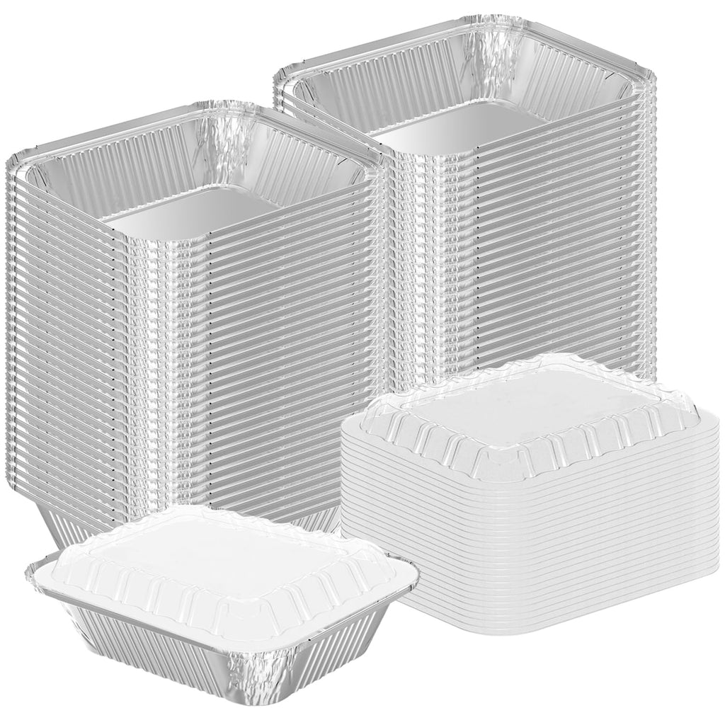 8.3"x6.2" 2.25LB Disposable Tin Foil Pans with Plastic Lids, 100 PACK