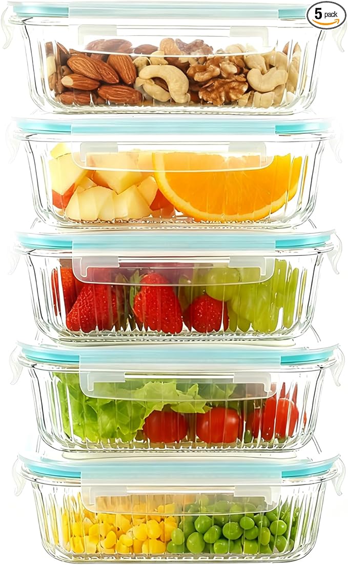 WOVOW 5-Packs, 36 Oz Glass Meal Prep Containers with Snap Locking Lids Glass Food Containers,Airtight Lunch Container,Microwave, Oven, Freezer and Dishwasher
