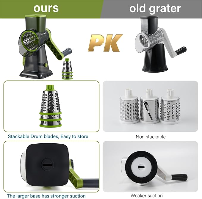 ALEXPHY Rotary Cheese Grater hand crank 3 blades with Stronger Suction Base | Stainless Steel Blades for Fruits, Vegetables, Nuts. Dishwasher Safe & Easy to Clean, Transparent Black & Green