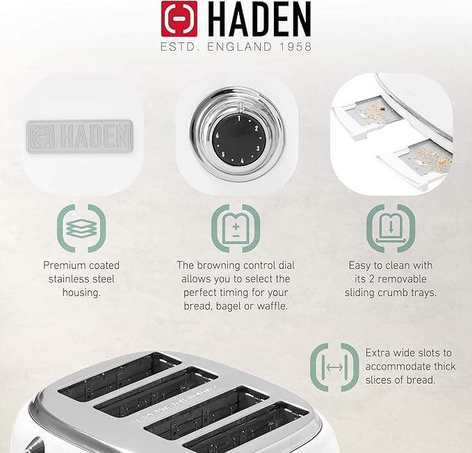 HADEN Heritage Toaster with Extra Wide Slots, 1500-Watt, Ivory & Chrome - Retro Stainless Steel Design with Self-Centering Function, 4 Slice Adjustable Browning Control & Removable Crumb Tray