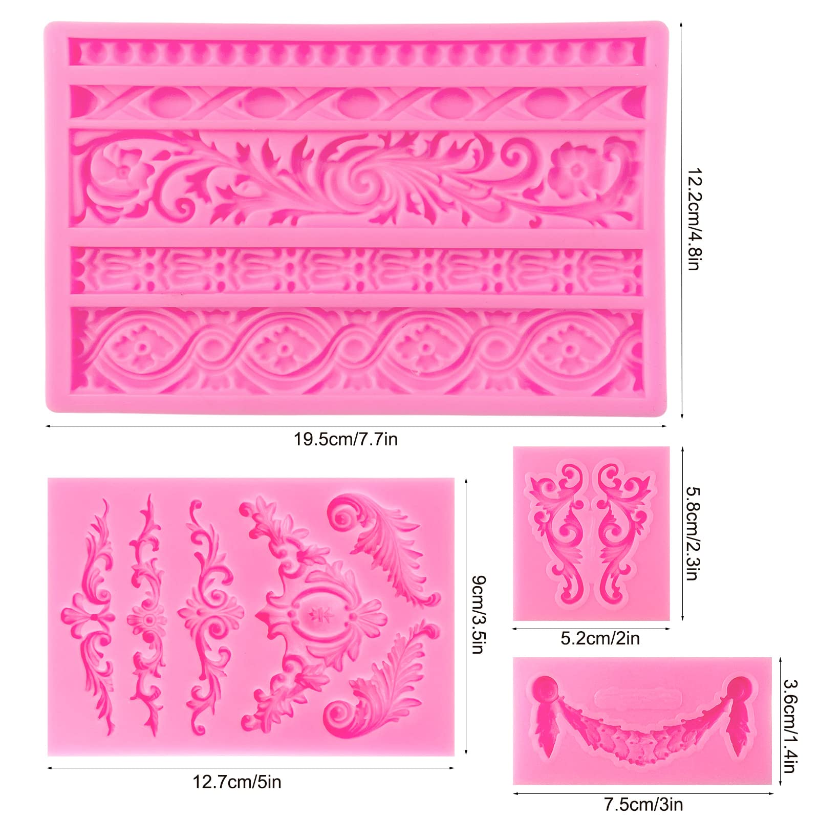Rainmae 4 Pcs Baroque Fondant Silicone Molds, Relief Flower Lace Chocolate Mould, Scroll Lace Clay Mold, Filigree Mold 3D Sculpted Decoration, Cupcake Topper, Jewelry, Polymer Clay, Crafting Projects