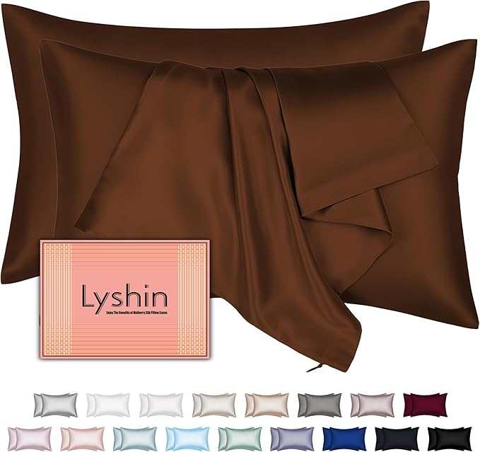 Silk Pillow Cases 2 Pack Queen Size with Hidden Zipper, Mulberry Silk Pillowcase for Hair and Skin, Smooth and Soft Breathable Cooling Silk Satin Pillowcase Set of 2, Gifts for Women，Brown