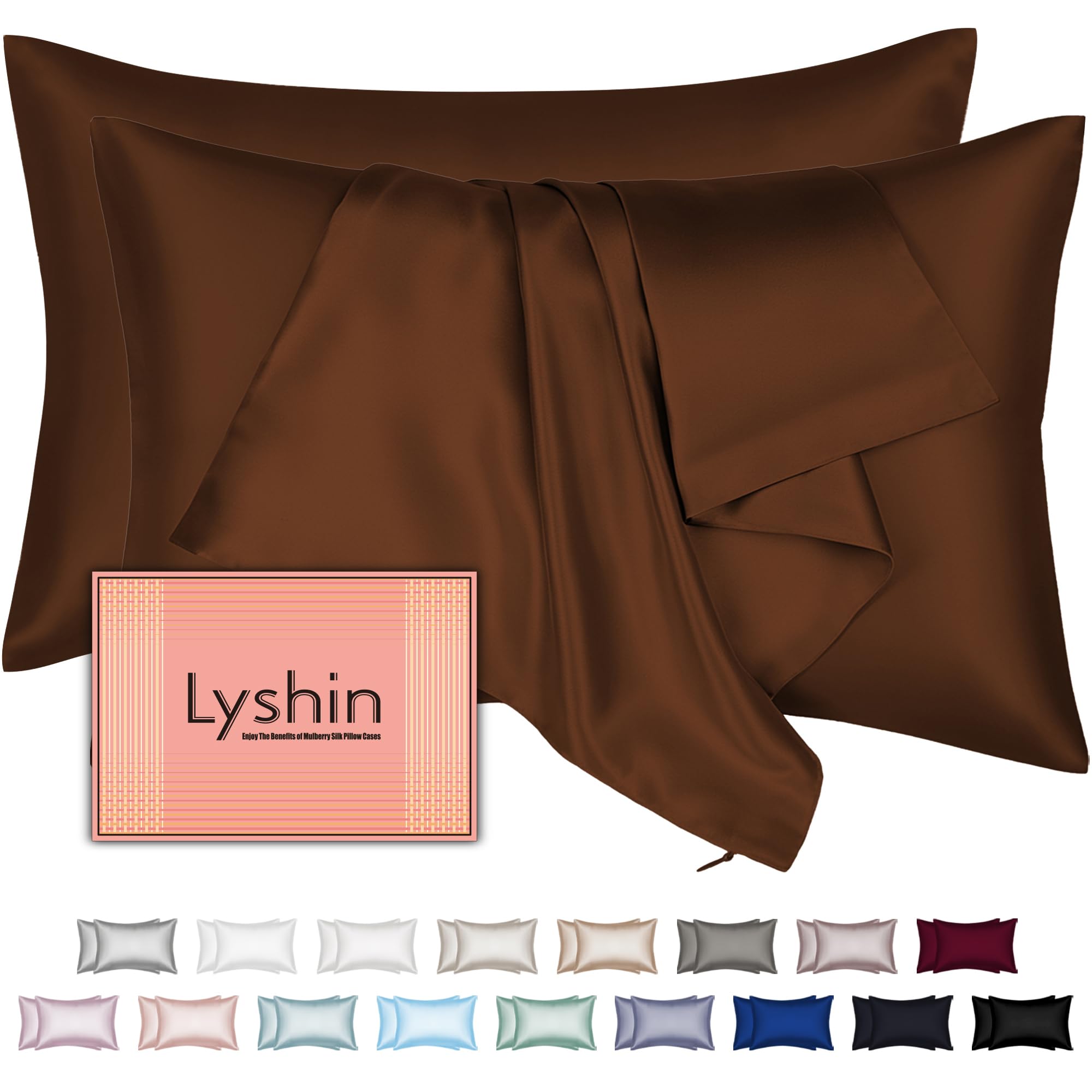 Silk Pillow Cases 2 Pack King Size with Hidden Zipper, Mulberry Silk Pillowcase for Hair and Skin, Smooth and Soft Breathable Cooling Silk Satin Pillowcase Set of 2, Gifts for Women，Brown