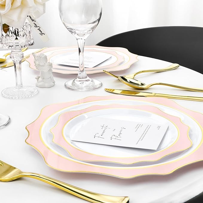 realluck 100Pcs White & Pink Plastic Plates for 50 Guests