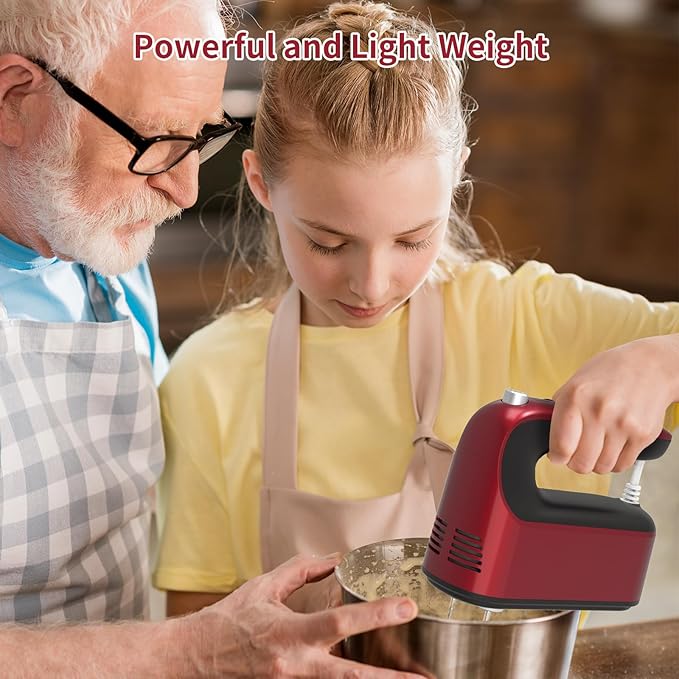 Yomelo 9-Speed Digital Hand Mixer Electric, 400W Powerful DC Motor, Hand Mixer Electric Handheld with Snap-On Storage Case, 5 Stainless Steel Accessories, Beaters, Dough Hooks, Whisk(Red)