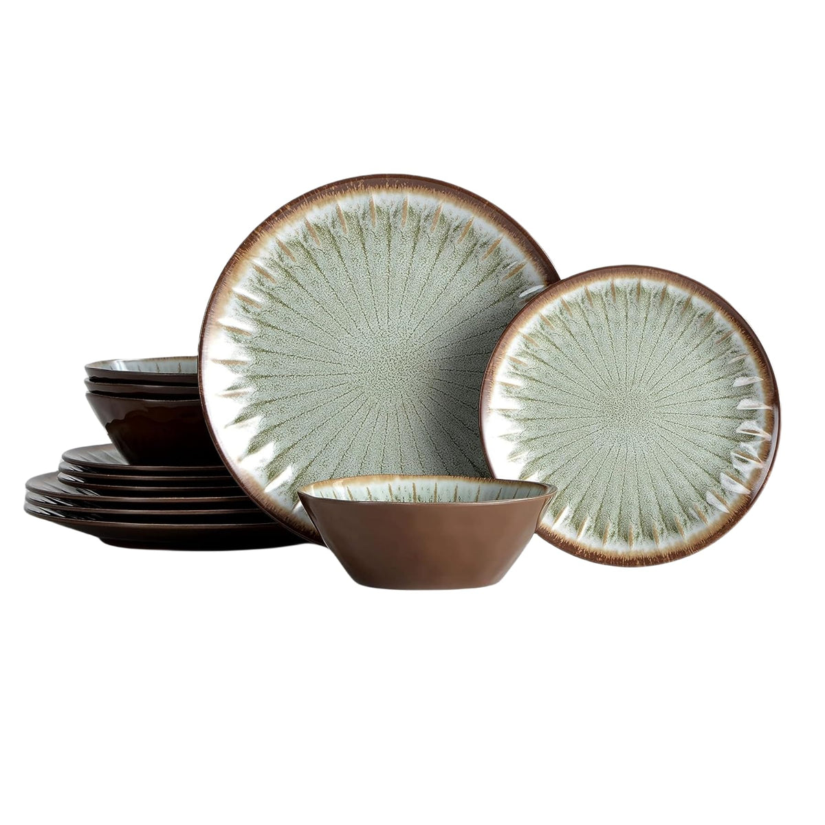 Gufaith Melamine Dinnerware Set, 12 Pcs Dishware Sets, Plate and Bowl Set Service for 4, Lightweight and Unbreakable Dinnerware Sets for Camping, Great for RV, Dishwasher Safe, Sahara Beige and Blue