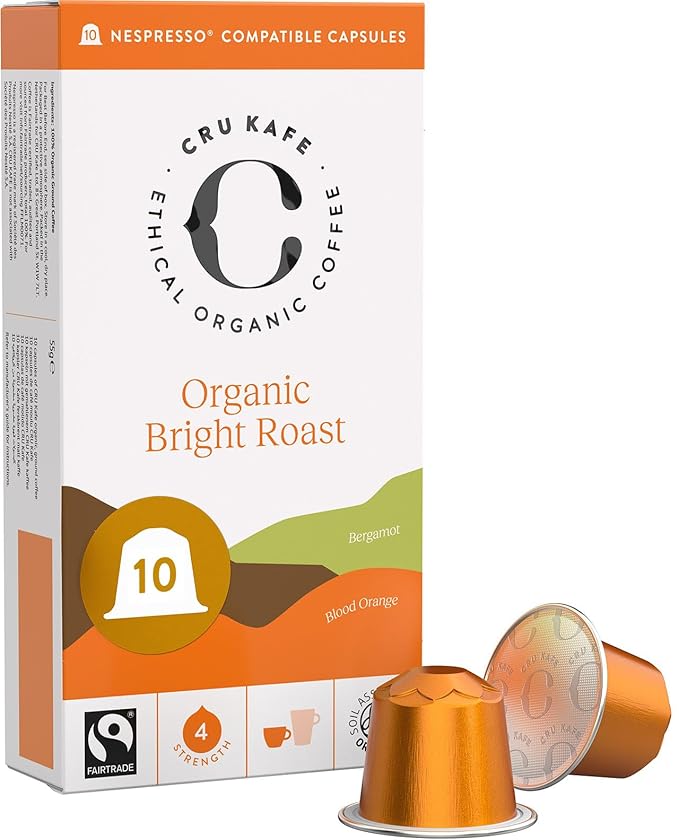Cru Kafe Bright Roast USDA Organic Espresso Coffee Capsules (10 Pods) Fairtrade Coffee Pods Compatible with Nespresso Original Line and Pixie Machines