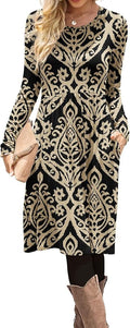 DB MOON Women Casual Long Sleeve Dresses Empire Waist Knee Length Loose Dress with Pockets (Black and Gold, M)