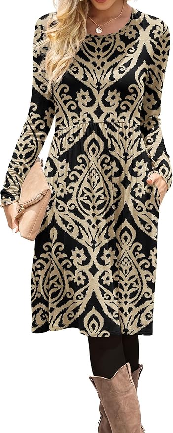 DB MOON Women Casual Long Sleeve Dresses Empire Waist Knee Length Loose Dress with Pockets (Black and Gold, M)