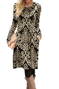DB MOON Women Casual Long Sleeve Dresses Empire Waist Knee Length Loose Dress with Pockets (Black and Gold, XL)