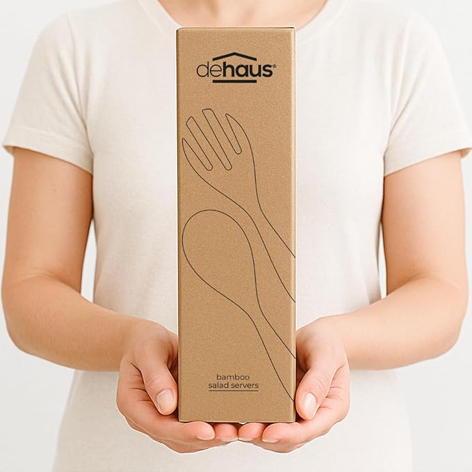 Dehaus® 12" Extra Large Bamboo Salad Servers - Wooden Salad Serving Spoons - Eco Friendly Salad Tossing Utensils - Giant Wooden Salad Hands - Bamboo Salad Tongs